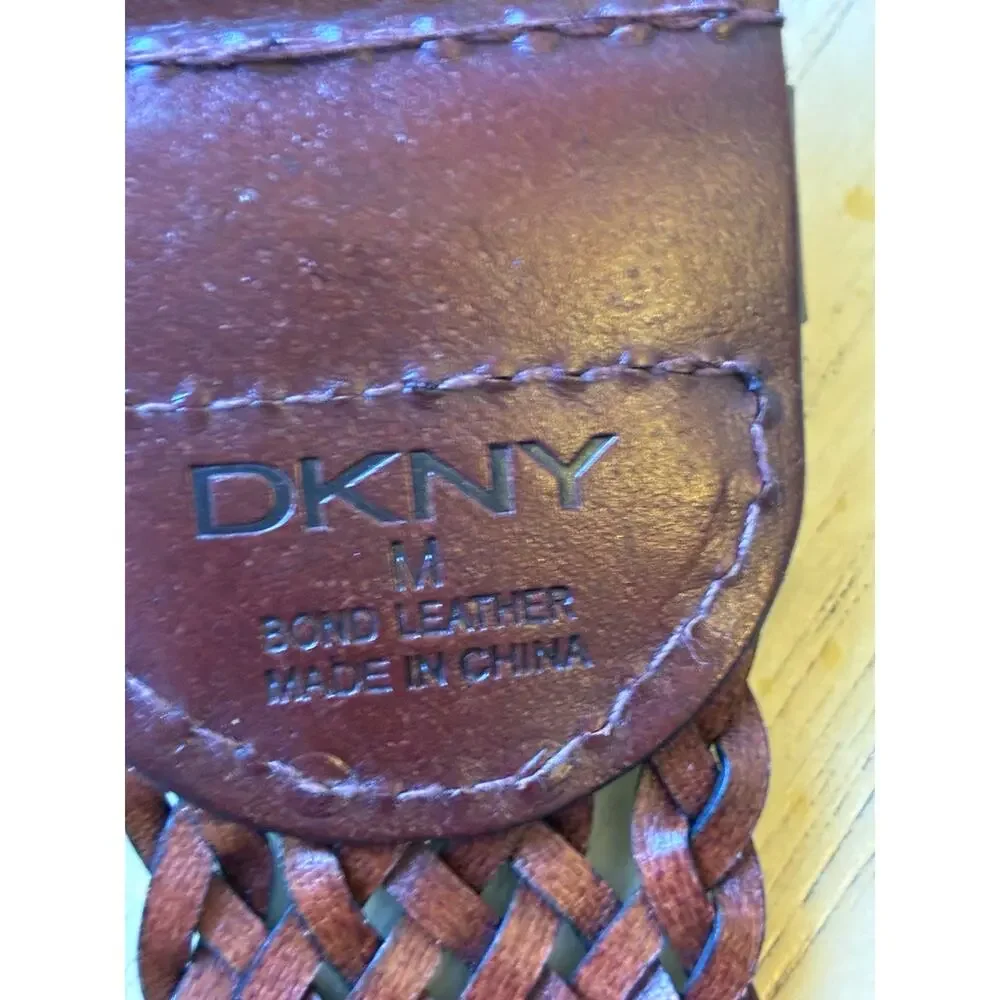 DKNY Women's Mocha Brown Braided Woven Wide Leather Belt w/ Buckle Minimalist M